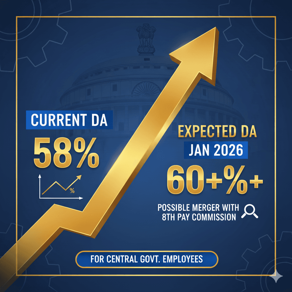 Expected DA from January 2026 – current DA 58% and expected 60%+ visual for central government employees